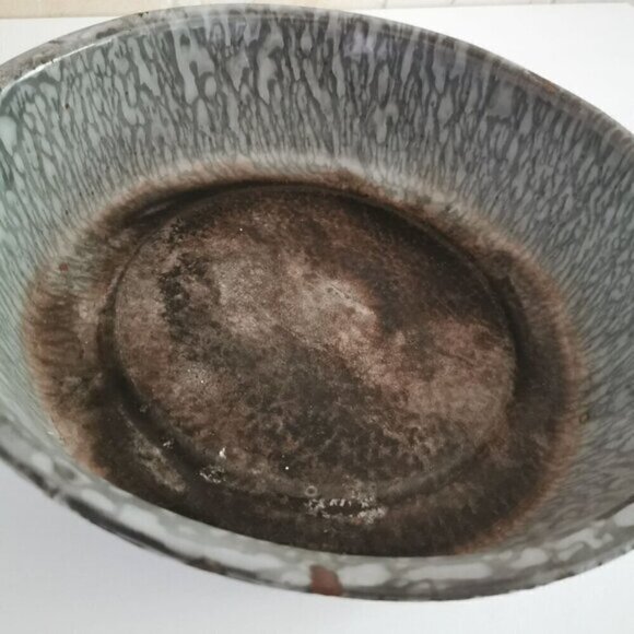 Vintage 10.5" Enamel Dish Pan Deep, Graniteware Gray Spatter Primitive Kitchen - Picture 4 of 7